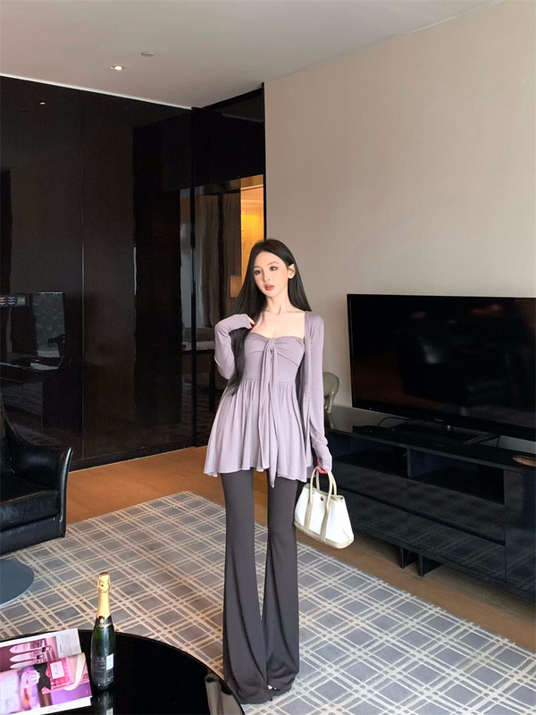 纯欲风带胸垫抹胸上衣修身开衫外套休闲微喇叭长裤子套装女秋装|undefined