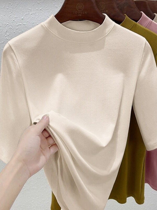 2026 Summer New Ribbed Shirt for Women, Five-Quarter Sleeve, Stand Collar, Slim Fit, Regular Shoulder Top, Base Shirt for Women, Korean Style 2026 Summer New Ribbed Shirt for Women, Five-Quarter Sleeve, Stand Collar, Slim Fit, Regular Shoulder Top, Base Shirt for Women, Korean Style