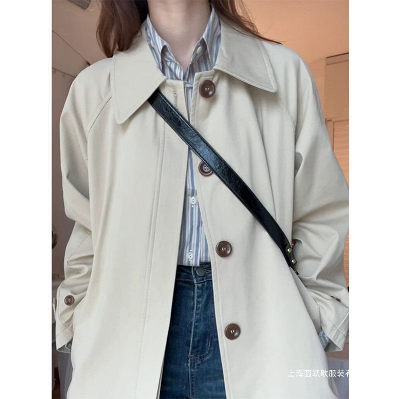 Mid-Length Windbreaker for Women 2025 New Autum Style Small Loose Korean Style British Style Jacket Single-Breasted Style