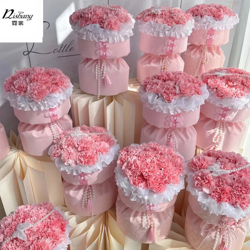 母亲节新中式旗袍植绒包花布 花束包装材料小香风刺绣提花菱格布