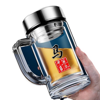 百家姓双层玻璃杯男士家用水杯高档带盖茶水分离泡茶杯子办公水杯