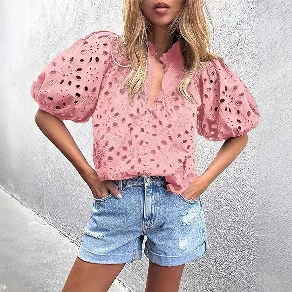 2024 Cross Border Women's Summer Top Fashion Casual Lantern Sleeve V-Neck Button Hollow Lace Embroidered Shirt