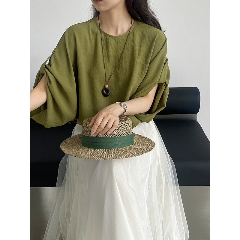 Jiangzuo Lazy Style Matcha Green Round Neck Shirt for Women 2026 Summer Loose Versatile Youthful Top 1853