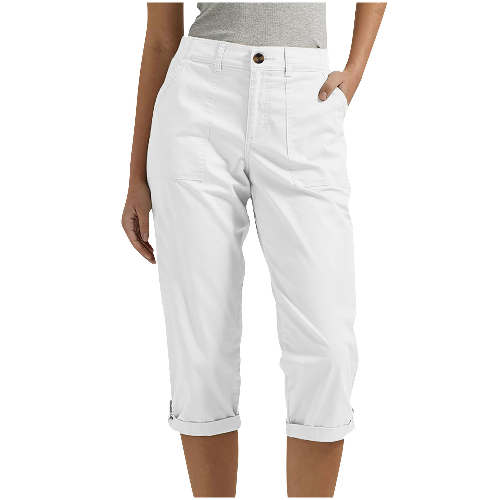 Amazon Cross-border Women's Solid Color Workwear Pants Waist Button Pants Ear Design Pants Leg Curled Women's Cropped Pants