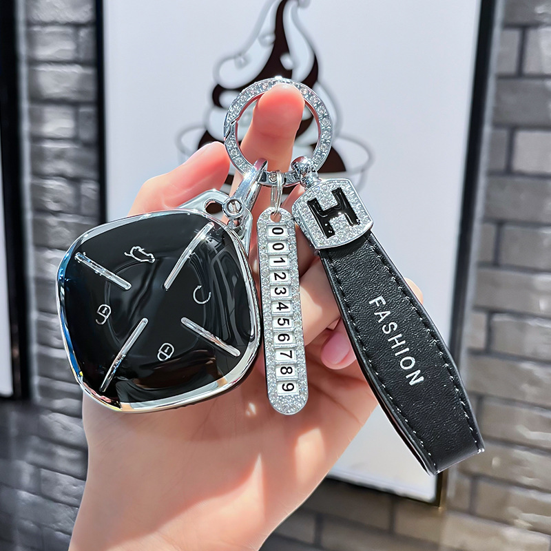 Chery J 모델 - 스마트 4버튼 [싱글 쉘 블랙] + 블랙 H 가죽 로프 다이아몬드 버클 + 실버 번호판