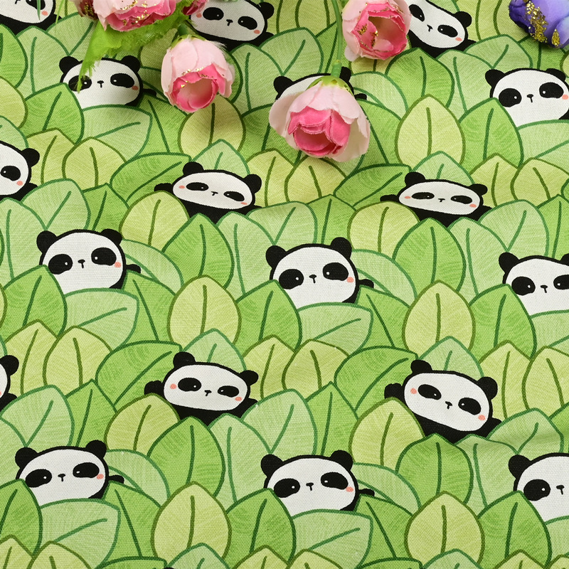 帆布区田园风可爱树叶熊猫印花面料手工包包桌面靠垫布料全棉