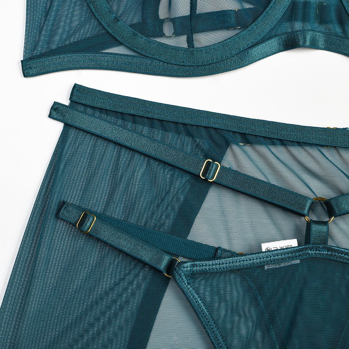 Dark Green Color Sheer Skirted Three Piece Lingerie Set