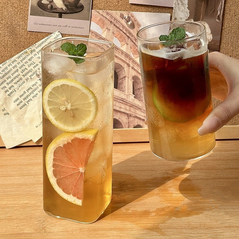 Ins-style coffee shop transparent glass coffee cups square juice cold drinks breakfast milk cup fruit tea cup