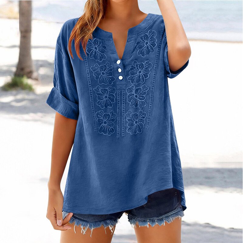 Cross-Border European and American Amazon New Casual Women's Loose Cotton and Linen Embroidered Three-Quarter Sleeve Shirt Summer Thin Top Cross-Border European and American Amazon New Casual Women's Loose Cotton and Linen Embroidered Three-Quarter Sleeve Shirt Summer Thin Top