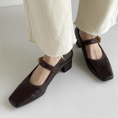 羊皮版~法式瑪麗珍鞋女春秋復古風淺口一字帶單鞋粗跟單鞋