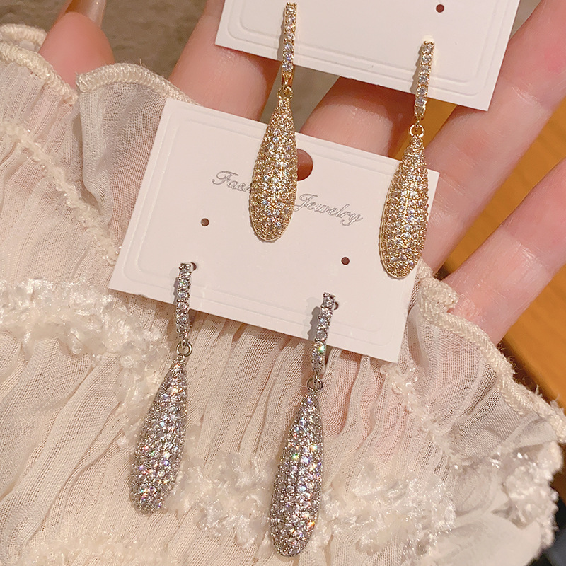 16K Gold-Plated Copper Earrings with Diamond-Studded Teardrop Design for Women, Korean Niche Light Luxury High-End Elegant Lady Earrings Pendant