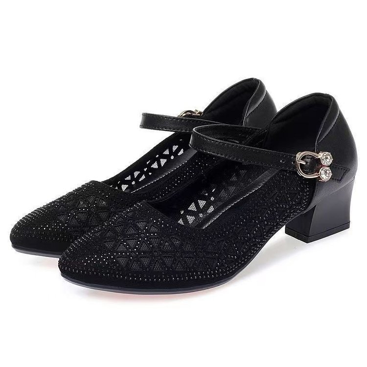 Sandalias para mujer 2025 nuevo estilo sandalias de tacón medio sandalias de malla zuecos huecos transpirables planos tacón grueso suela suave mamá