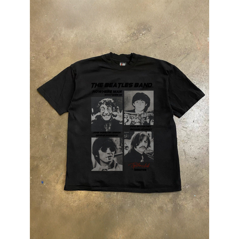 American-style oversized Beatles band print vintage West Coast style short-sleeve T-shirt for men American-style oversized Beatles band print vintage West Coast style short-sleeve T-shirt for men