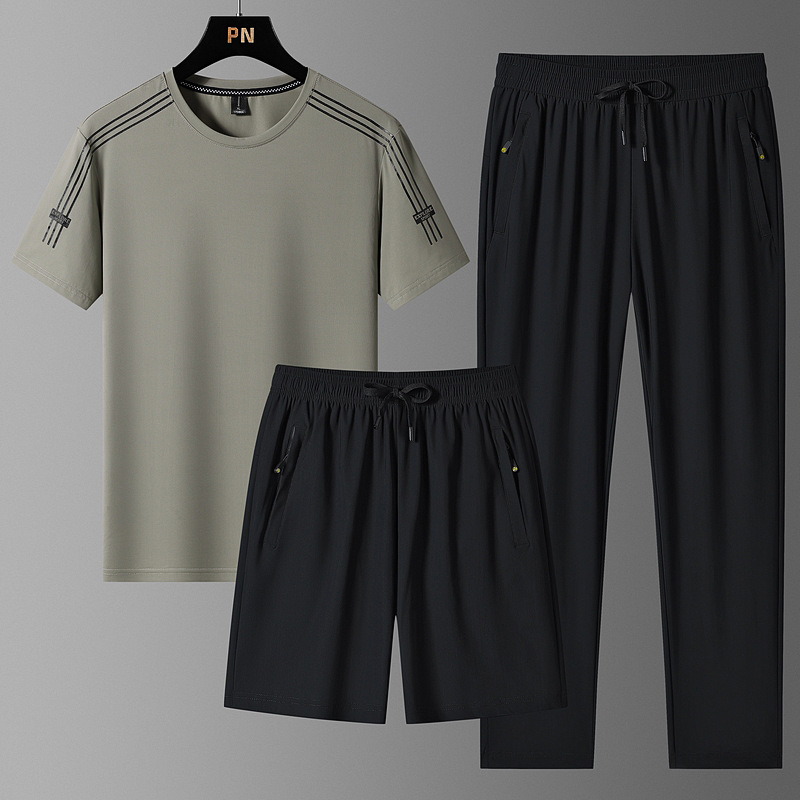 Hombres delgados de tamaño grande juego deportivo de hielo camiseta de cuello redondo suelta secado rápido mangas cortas pantalones cortos 3 piezas al por mayor