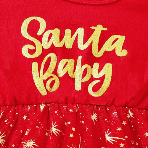 European and American girls hit Christmas English bronzing letter print mesh bubble sleeve dress