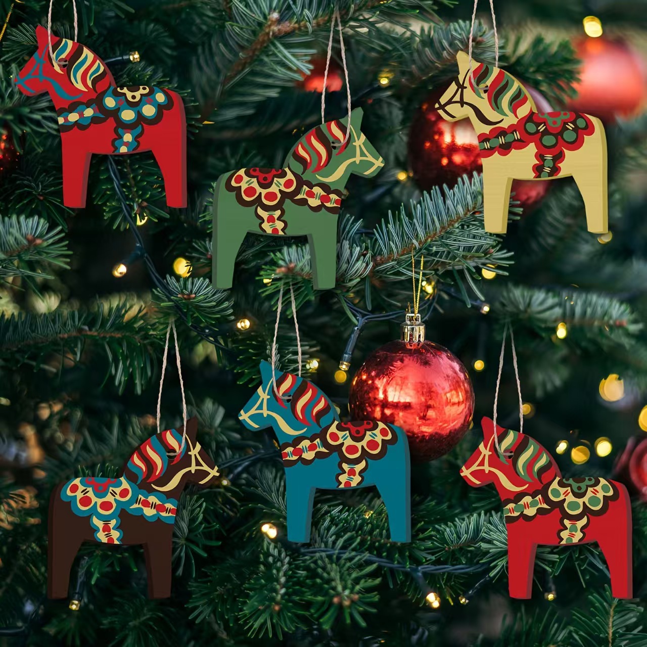 新品6件瑞典达拉马匹圣诞装饰木制达拉马匹悬挂吊坠装饰圣诞装饰