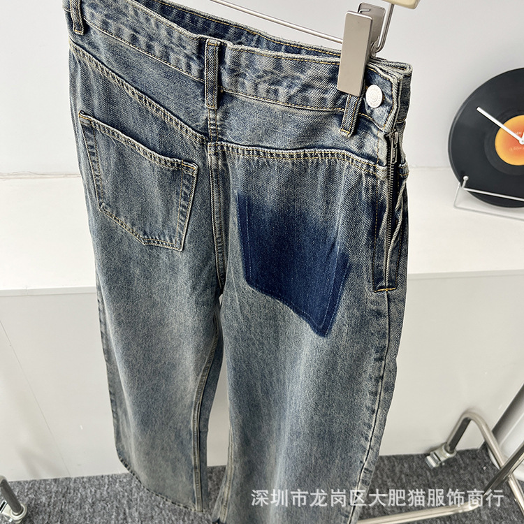 25秋冬新款水洗做旧复古设计错位侧拉链宽松直筒牛仔裤|undefined