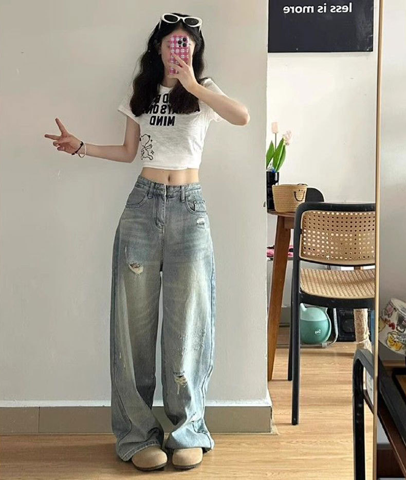 Ženske traperice visokog struka poderane široke svijetle boje_voghion.com