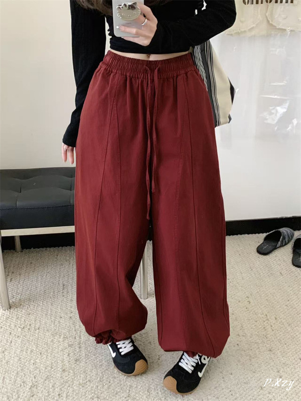 020女士2025秋季新款卫裤 高级感松紧腰垂感阔腿长裤女运动休闲裤|undefined