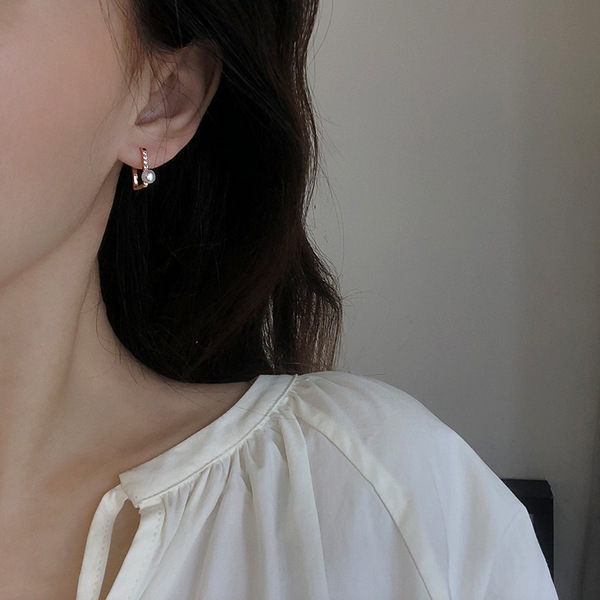 Retro square brand fashionable earrings pearl with zircon