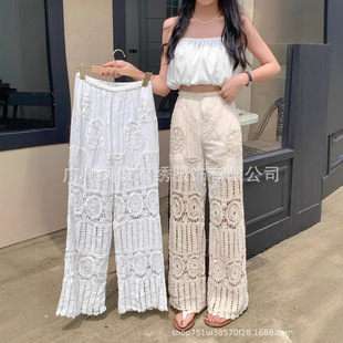 Seaside Travel Vacation Crochet Hollow Straight Pants Winter New Korean Style Casual High Waist Slim-fit Long Pants