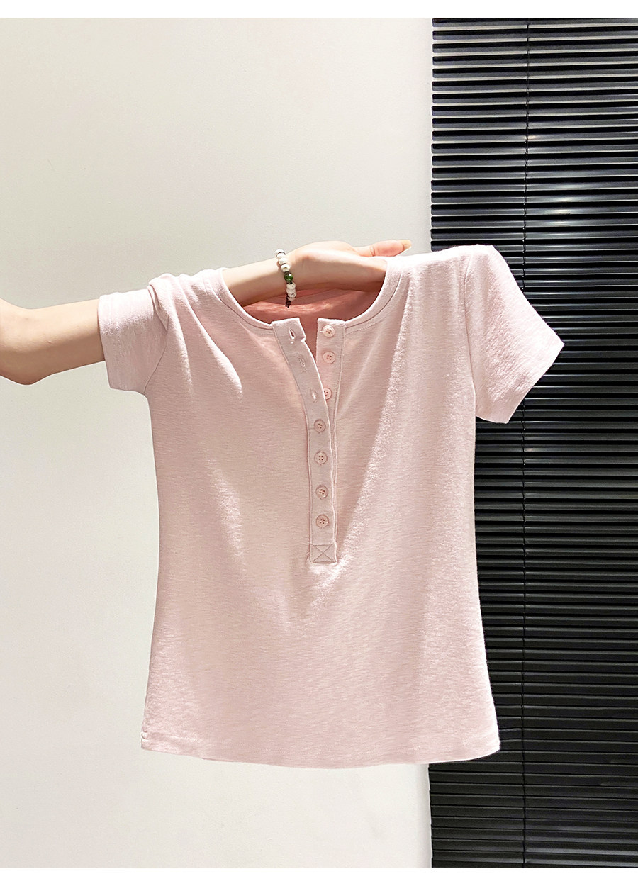 Áo thun nữ cổ bán mở tay ngắn phong cách Hàn Quốc, thiết kế đơn giản tôn dáng — màu đen chi tiết 10