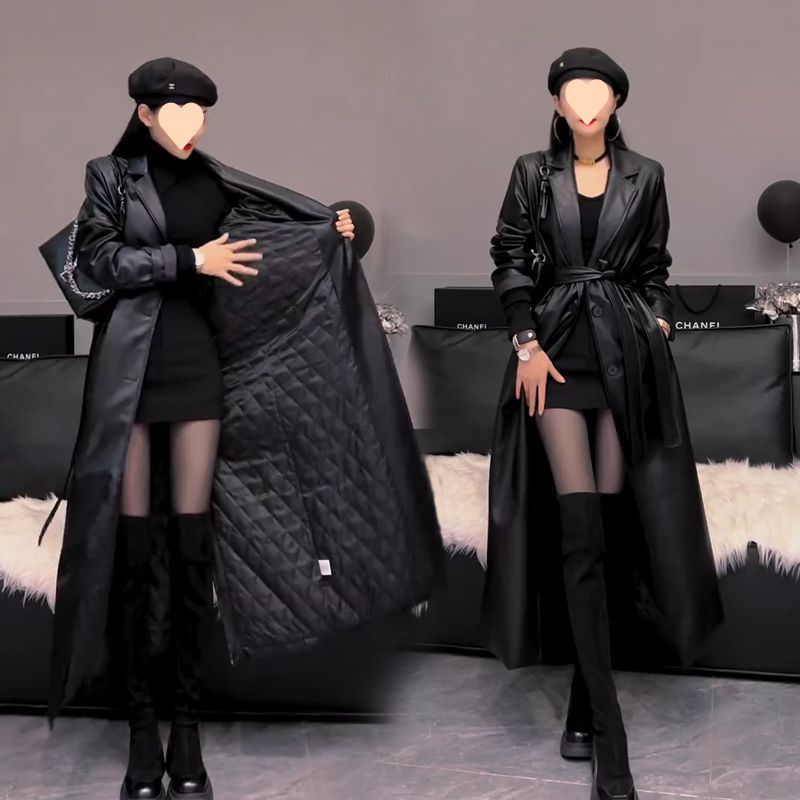 2025 Autumn/Winter New Mature Elegance Hiding-Fat Slimming Waist Belt Style Thickened Fleece-lined Leather Windbreaker Coat Outerwear