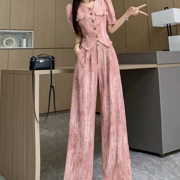 欧货高级感套装女2025夏装薄款时尚气质上衣+百搭直筒阔腿裤|undefined