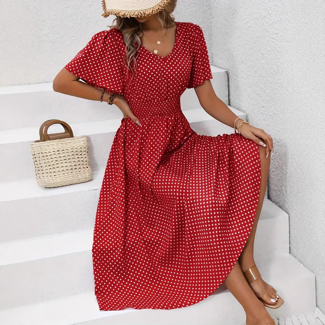 Women's Clothing Spring/Summer V Neck Polka Dot Pullover Casual Dress For Women_voghion.com