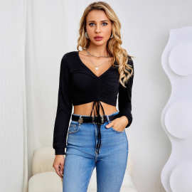 2023亚马逊欧美女装秋季新款短款抽绳性感纯色上衣休闲浪漫时尚T