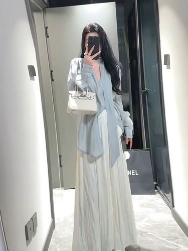 Loose and Lazy Style V-neck Bow Tie Button Loose Multi-purpose Long-sleeved Shirt Small Group Design Sense Shirt Half Skirt ins 