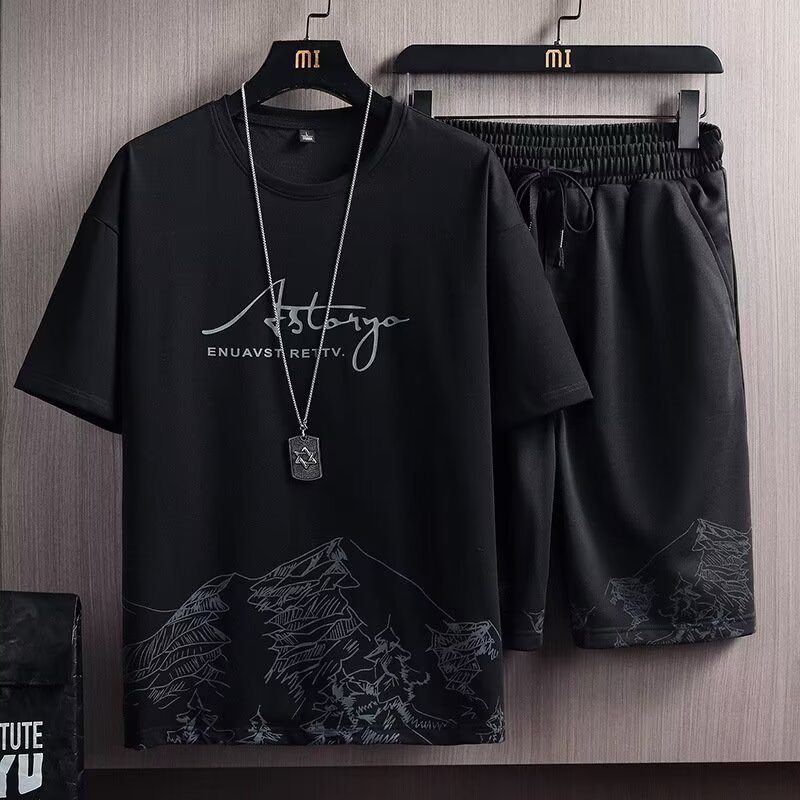Impresión de fábrica de origen Trend de verano Traje de camiseta de manga corta Traje de dos piezas de baloncesto suelto de secado rápido de verano para hombres
