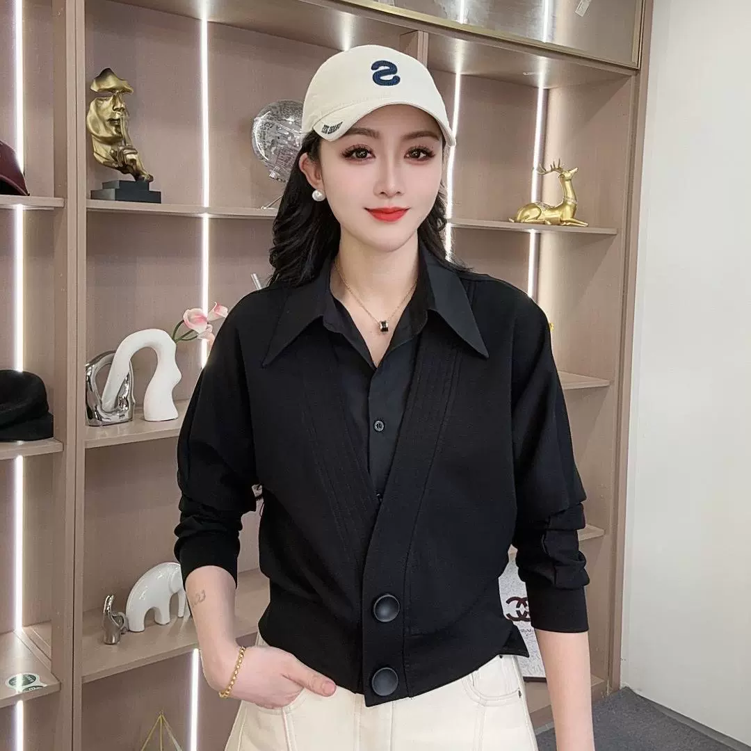 Дропшиппинг, живой дизайн, поддельный комплект из двух предметов с лацканами и длинными рукавами, новый стиль 2025, элегантный тонкий повседневный топ