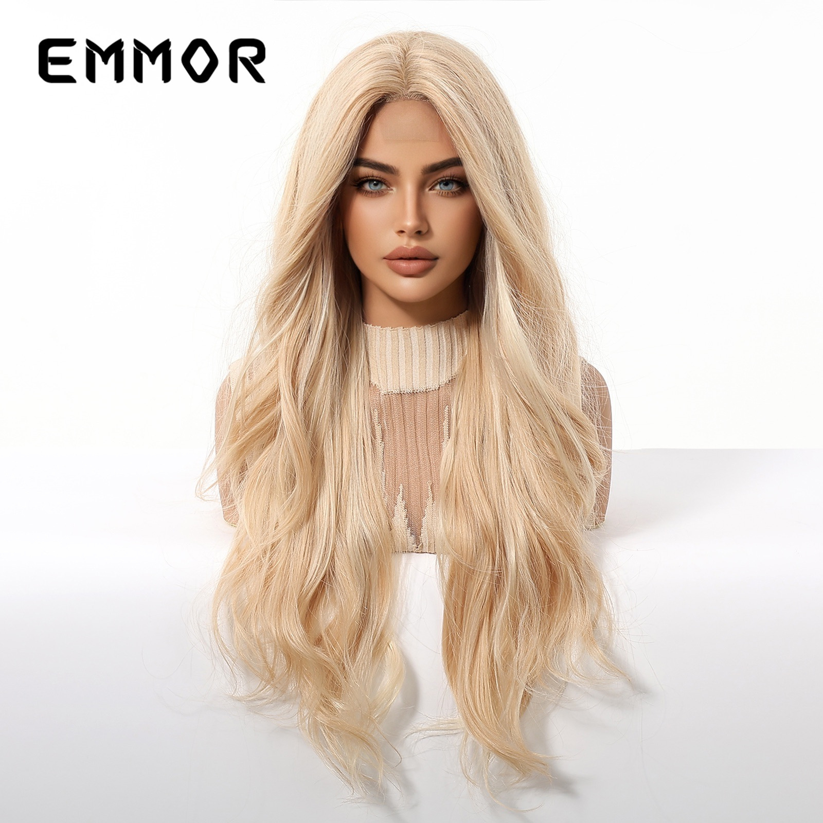 Amazon venta caliente transfronteriza frente encaje punto medio dorado gran ola pelo largo y rizado peluca de moda tipo de cabello completo