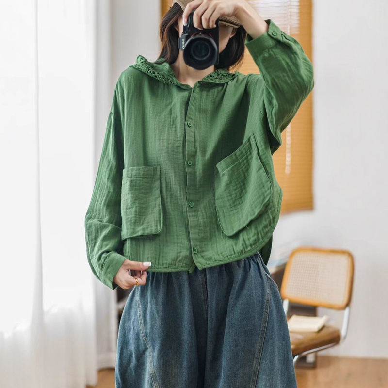 2025 Autumn New Fashion Loose Casual Large Size Lace Cap Fashion Long Sleeve Cotton Yarn Shirt Ladies, Cardigan