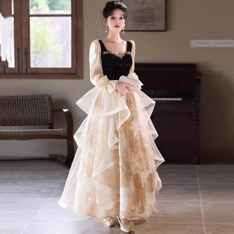 Đầm dạ hội nữ kiểu Pháp cổ yếm dáng suông midi — Màu ảnh 2503