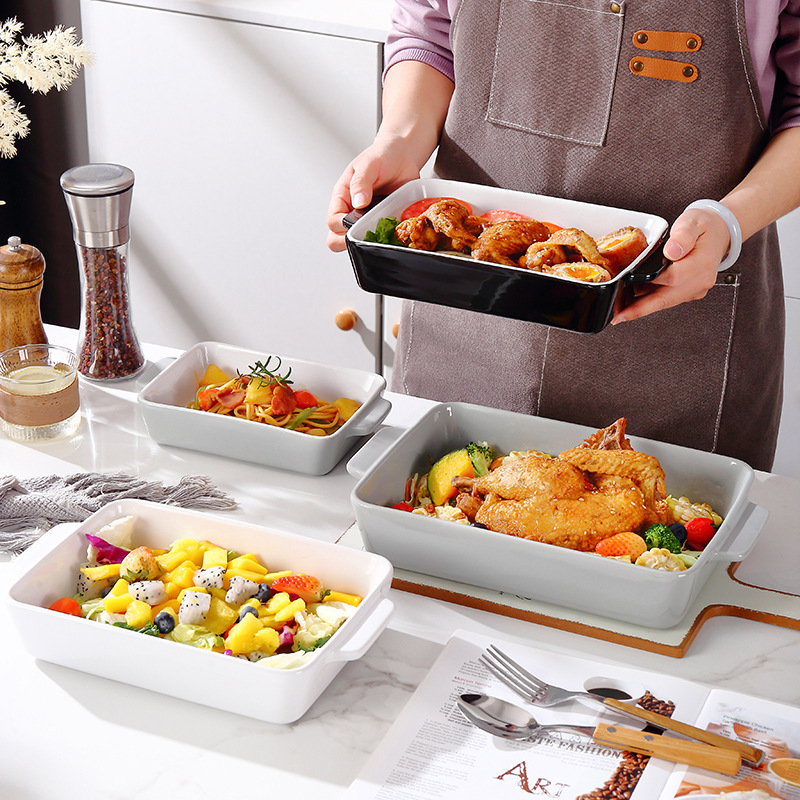 Double-Ear Ceramic Baking Dish Set, Rectangular Baking Dish, Pasta Plate, Microwave Oven Baking Dish, Cheese Baked Rice