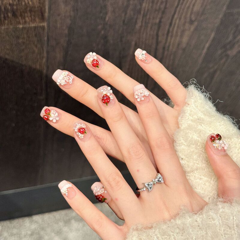 Rikaman Original [Sweet Berry Ice Cream] Pink Strawberry Wearable Nails Pearl Sweet Girly Style Handmade Nail Stickers