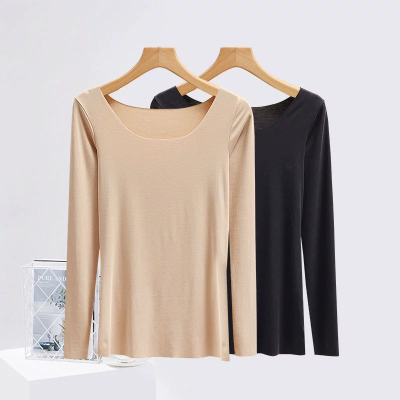 Термобелье из модала, женское тонкое цельное мясистое базовое белье, облегающая бесшовная осенняя одежда с низким вырезом