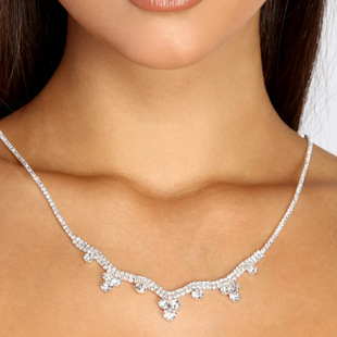 Cross-Border New Simple Double-Layer Flower Rhinestone Versatile Necklace European and American Full Diamond Super Flash Party Party Tassel Back Chain
