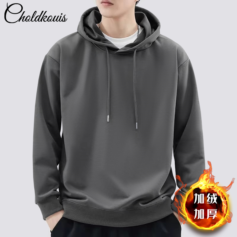 벨벳 스타일의 다크 그레이 후드 스웨트셔츠 - 솔리드 컬러 [GL]