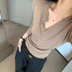 老钱高级感V领针织打底衫女2025秋季修身内搭羊毛衫复古毛衣上衣
