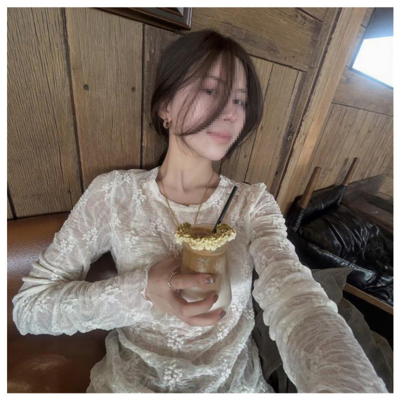 In-stock Korean-style lace jacquard long-sleeve base layer top, elastic women's top, 2026 autumn new arrival, niche outerwear