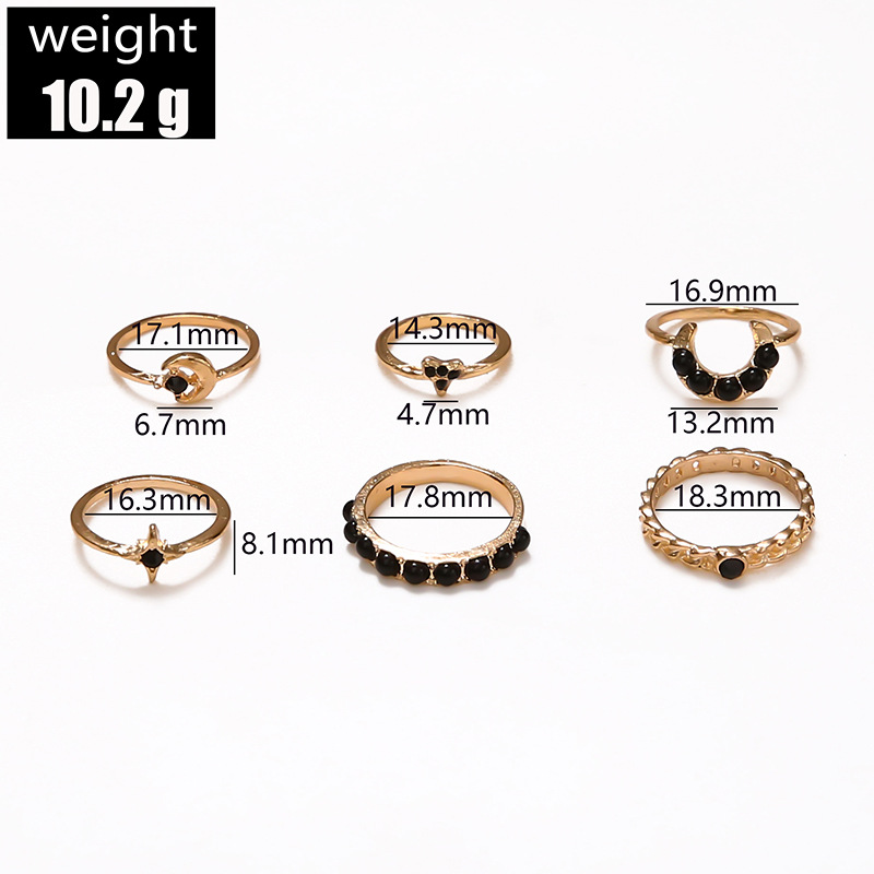 Cross-border New Ring Set Fashion Black Gemstone Star Moon 6-piece Set Joint Ring Finger Ring display picture 1
