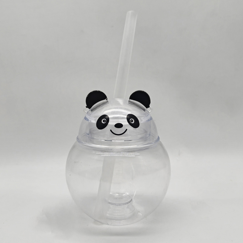 创意卡通一次性带灯小熊猫动物塑料吸管杯个性发光果汁冷饮造型杯|undefined