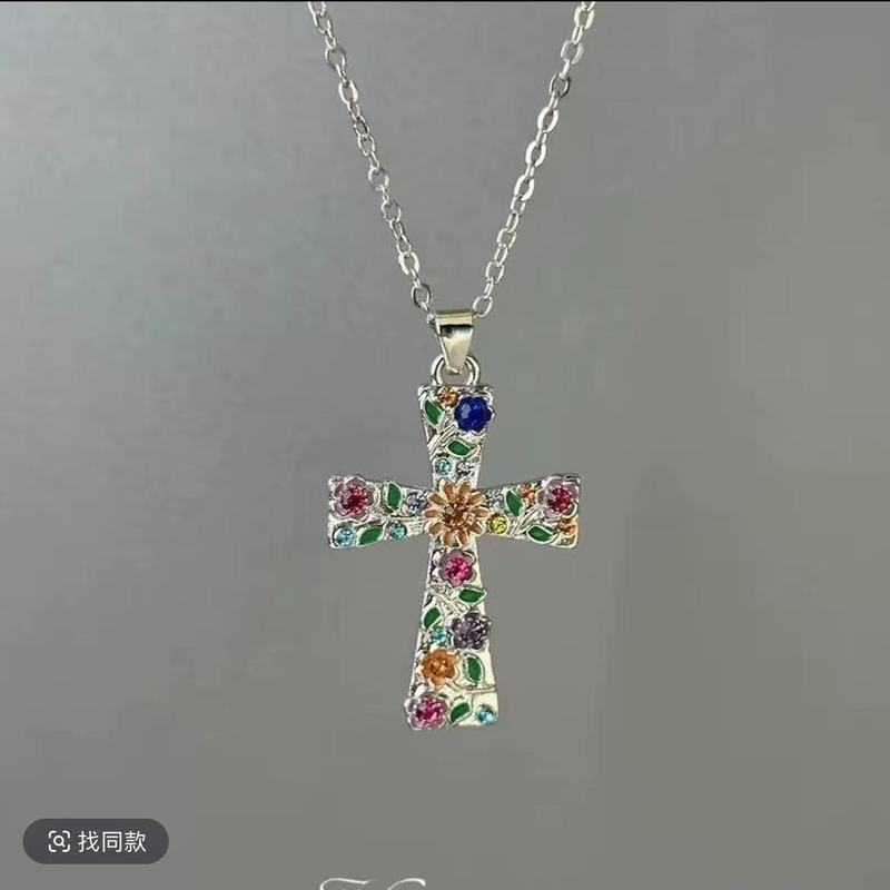 跨境爆款彩色花朵十字架项链女轻奢时尚欧美小梅花吊坠个性锁骨链|undefined