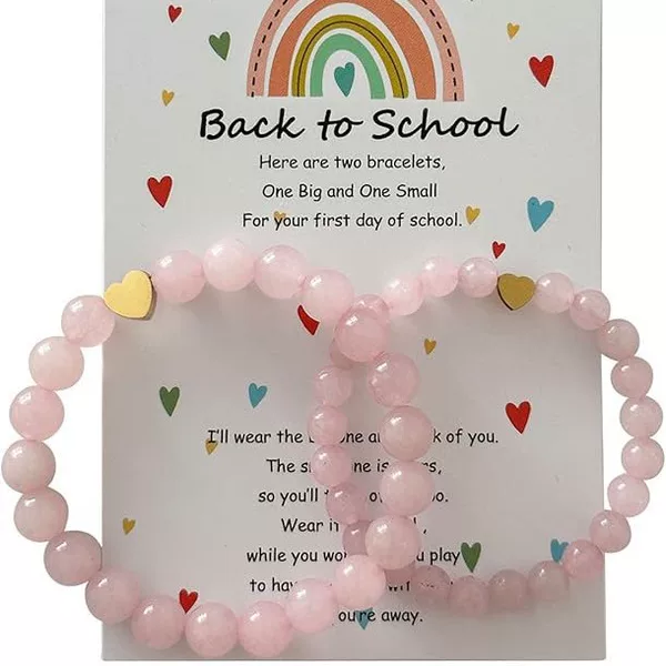 Cross-Border Amazon Best-Selling Back-To-School Season Natural 8mm Rose Quartz Beaded Bracelet Set Heart Pendant Gift Bracelet