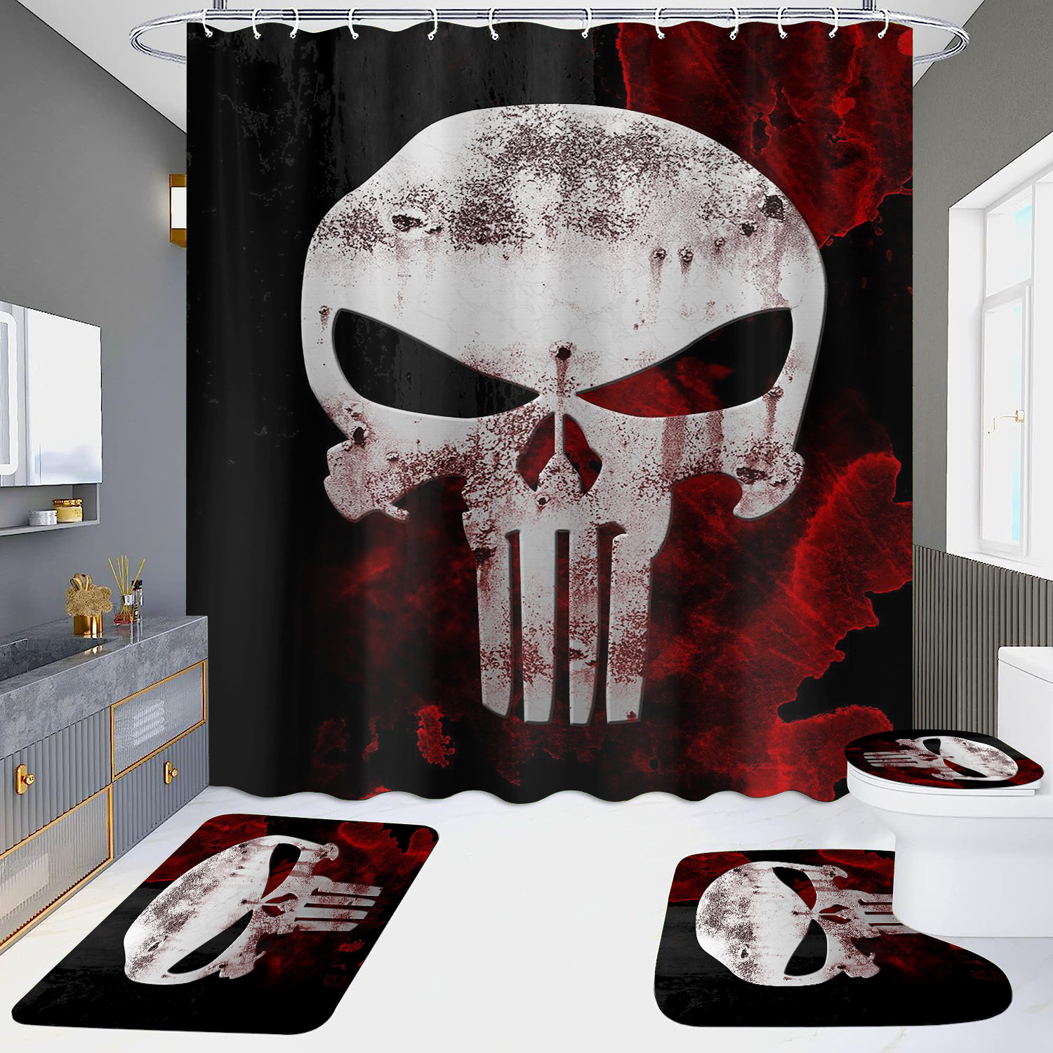 Cortina de ducha de suministro directo transfronterizo conjunto de cuatro piezas hd impermeable sin perforaciones baño hotel baño partición cortina wansheng cráneo