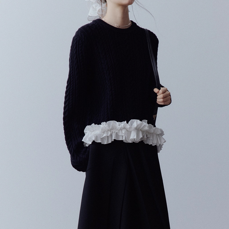 In Stock Fuss Black Wedding Heavy-Duty Twisted Rope + Three-Dimensional Lace Wool Knit Round Neck Sweater for Women In Stock Fuss Black Wedding Heavy-Duty Twisted Rope + Three-Dimensional Lace Wool Knit Round Neck Sweater for Women