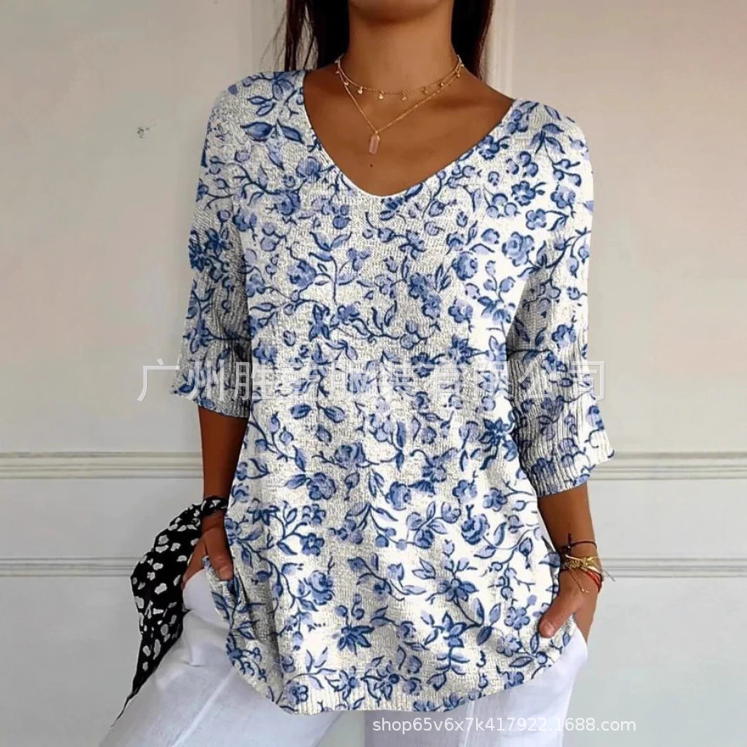 2025 European and American Cross-Border Export New Fashion Casual V Neck 3D Printed Geometric Pattern Five-Quarter Sleeve T-Shirt Tops for Women